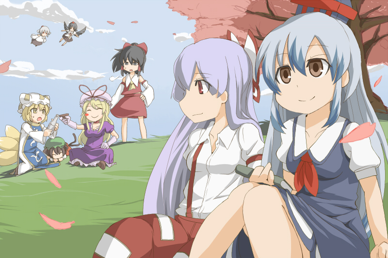 hakurei reimu, yakumo yukari, shameimaru aya, fujiwara no mokou, inubashiri momiji, and 3 more (touhou) drawn by kuase
