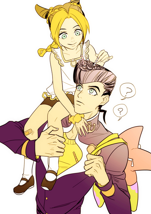 kujo jolyne, higashikata josuke, and patrick star (jojo no kimyou na bouken and 3 more) drawn by ginmu