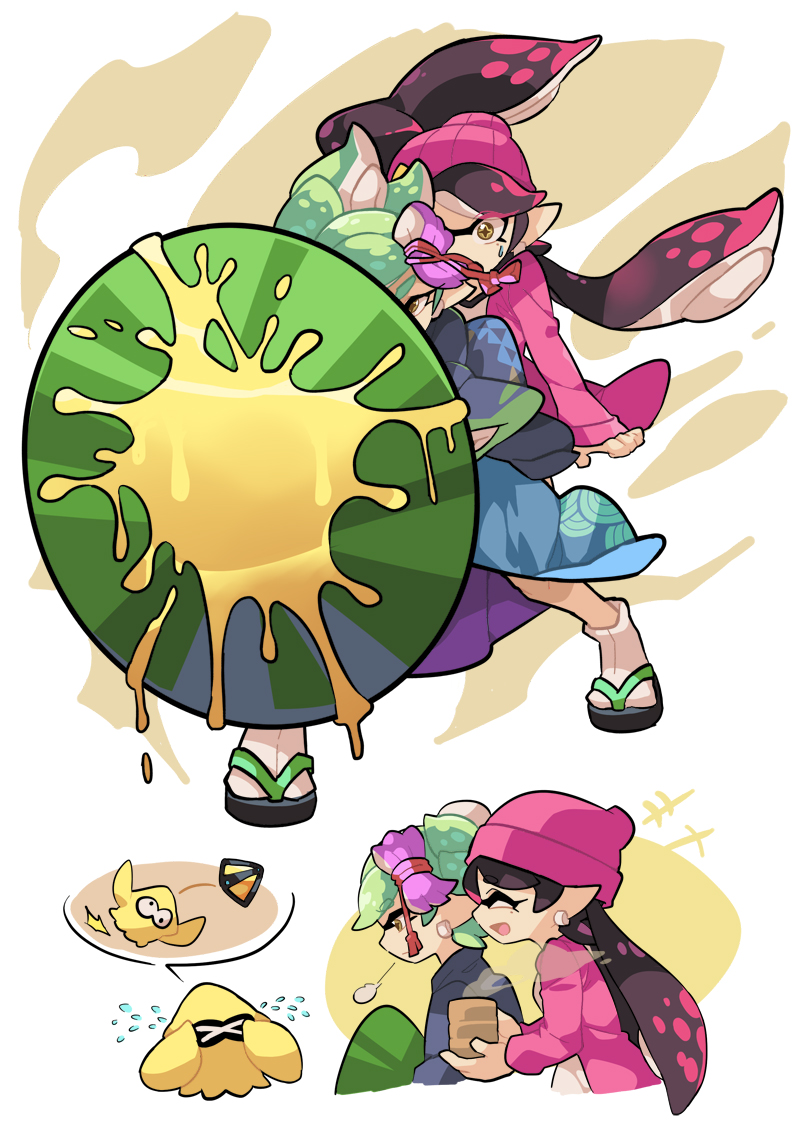 inkling player character, marie, and callie (splatoon and 1 more) drawn by gomipomi