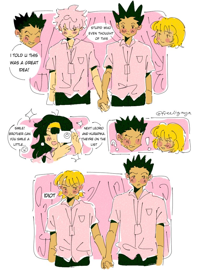 killua zoldyck, kurapika, gon freecss, leorio paladiknight, and alluka zoldyck (hunter x hunter) drawn by freeligaya