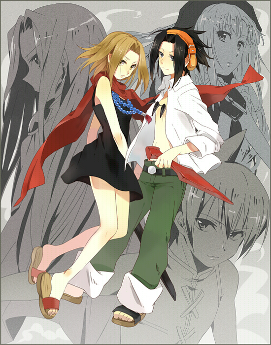 kyouyama anna, asakura yoh, iron maiden jeanne, asakura hao, and tao ren (shaman king) drawn by karuha