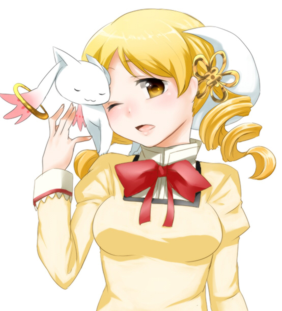 tomoe mami and kyubey (mahou shoujo madoka magica) drawn by unnen