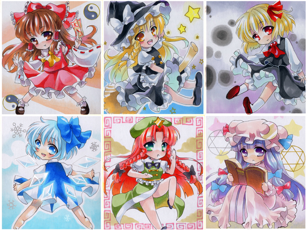 hakurei reimu, kirisame marisa, cirno, patchouli knowledge, hong meiling, and 1 more (touhou) drawn by at_classics