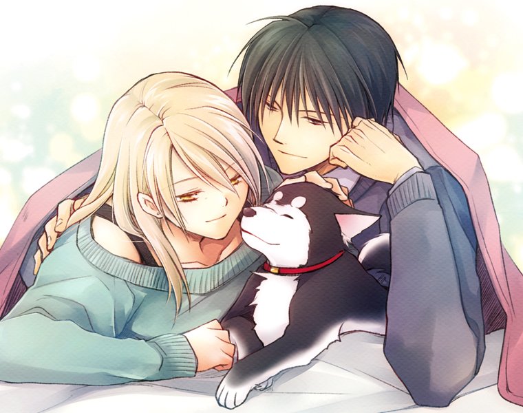 riza hawkeye, roy mustang, and black hayate (fullmetal alchemist) drawn by takafuji_yuna