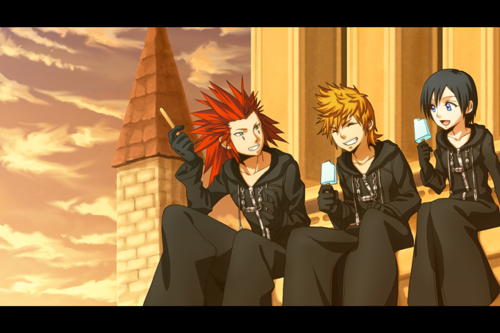 roxas, xion, and axel (kingdom hearts and 1 more) drawn by kouou