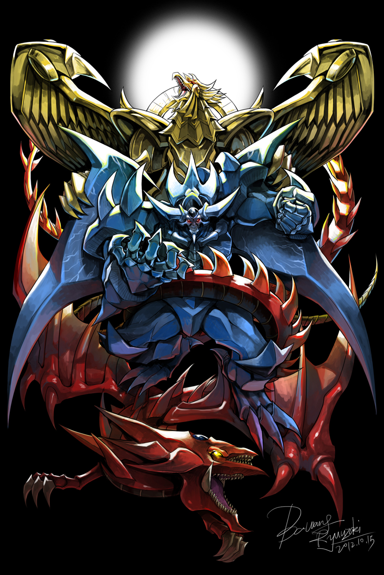 osiris the sky dragon, the winged dragon of ra, and obelisk the tormentor (yu-gi-oh! and 1 more) drawn by bawang-ryuuzaki