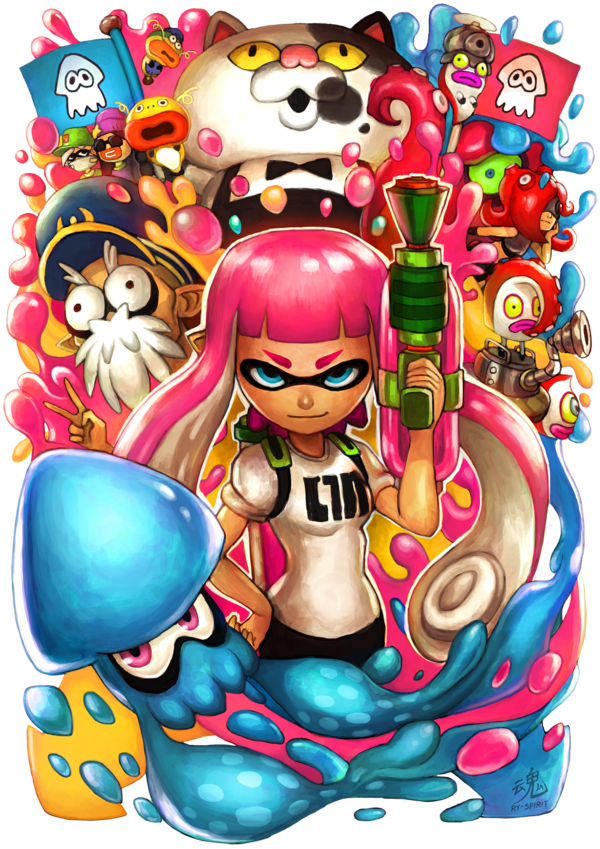 inkling player character, inkling girl, takozonesu, judd, cap'n cuttlefish, and 7 more (splatoon and 1 more) drawn by ry-spirit