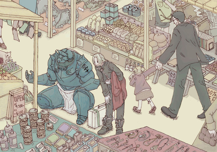 edward elric, alphonse elric, maes hughes, and elicia hughes (fullmetal alchemist)