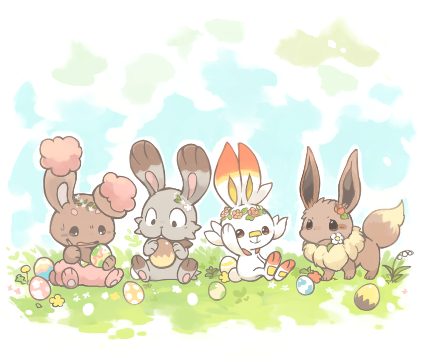 eevee, scorbunny, buneary, and bunnelby (pokemon) drawn by konanbo