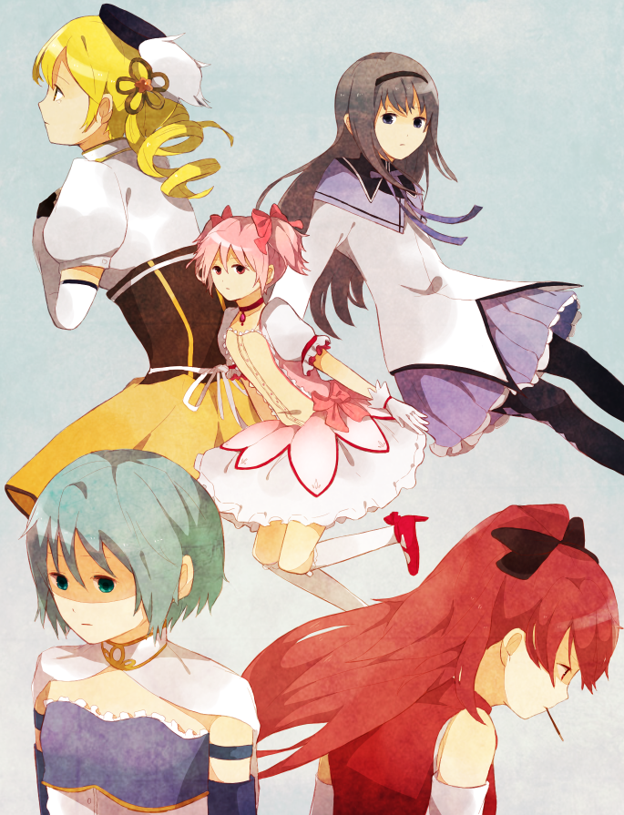 akemi homura, kaname madoka, miki sayaka, sakura kyoko, and tomoe mami (mahou shoujo madoka magica) drawn by sana423