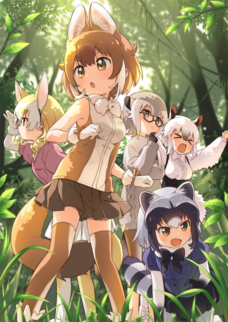 common raccoon, fennec, dhole, meerkat, and southern tamandua (kemono friends and 1 more) drawn by namori