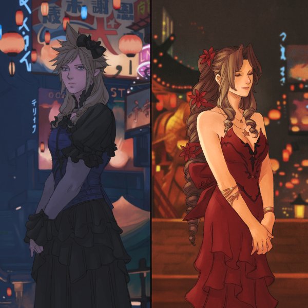 cloud strife and aerith gainsborough (final fantasy and 2 more) drawn by crimson_sun