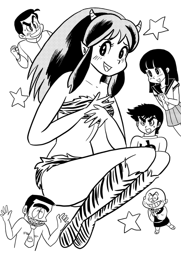 lum, moroboshi ataru, miyake shinobu, mendou shuutarou, cherry, and 1 more (urusei yatsura) drawn by uesuto_(westriver)