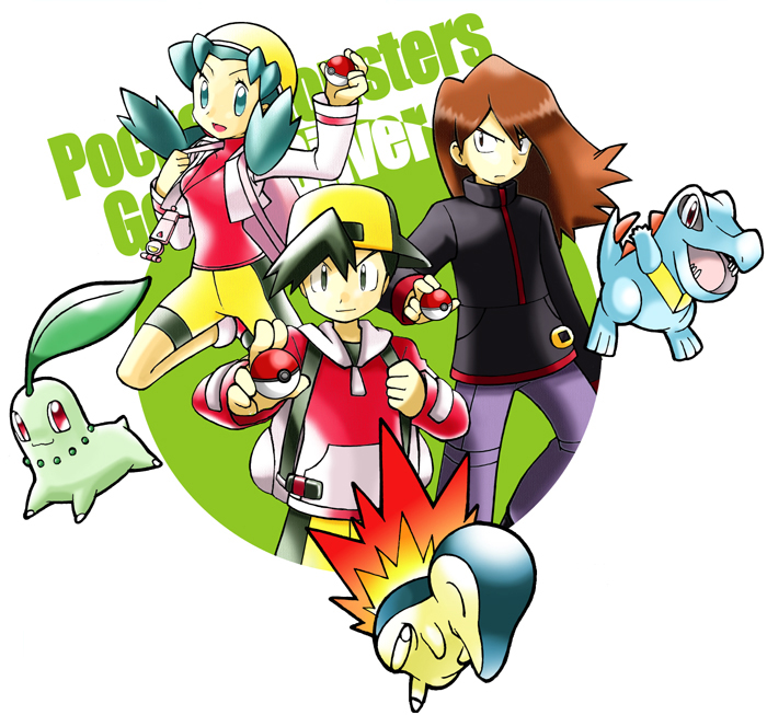 ethan, silver, kris, cyndaquil, chikorita, and 1 more (pokemon and 1 more) drawn by akitsu_aosa