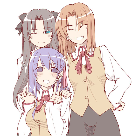 tohsaka rin, matou sakura, and mitsuzuri ayako (fate and 1 more) drawn by fue_(rhomphair)