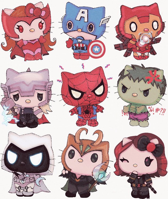 spider-man, hello kitty, captain america, iron man, thor, and 7 more (marvel and 6 more) drawn by ghostwurlds