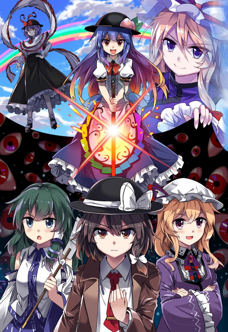 kochiya sanae, yakumo yukari, hinanawi tenshi, usami renko, maribel hearn, and 1 more (touhou) drawn by e.o.