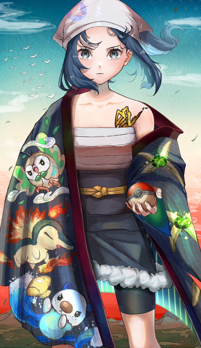 akari, rowlet, oshawott, and cyndaquil (pokemon and 1 more) drawn by setta_shu