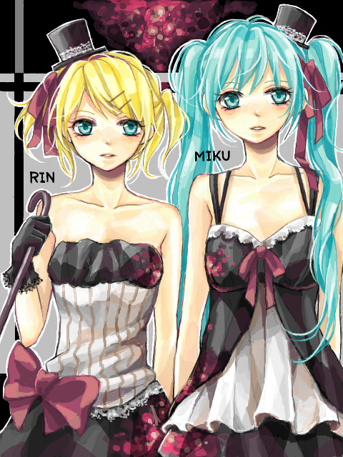 hatsune miku and kagamine rin (vocaloid) drawn by makoto_(roketto-massyumaro)