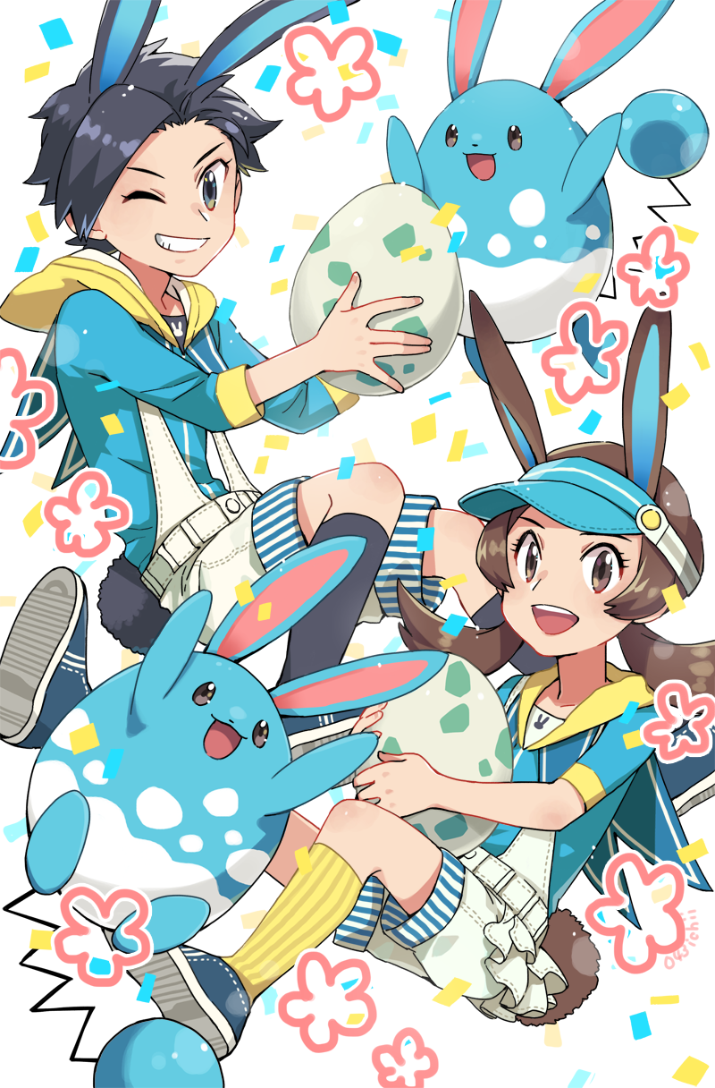 ethan, lyra, and azumarill (pokemon and 1 more) drawn by xichii