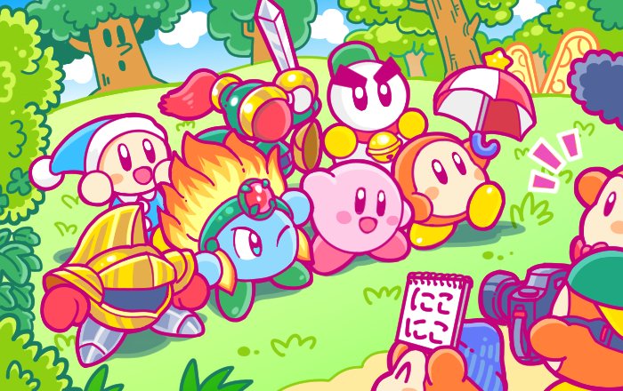 kirby, waddle dee, whispy woods, chilly, reporter waddle dee, and 6 more (kirby and 1 more)