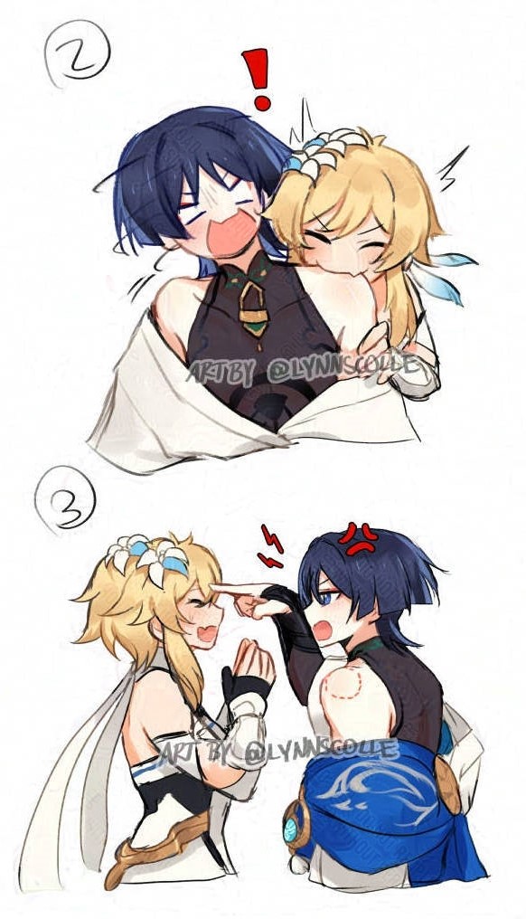 lumine, scaramouche, and wanderer (genshin impact) drawn by meilynn-hayakan