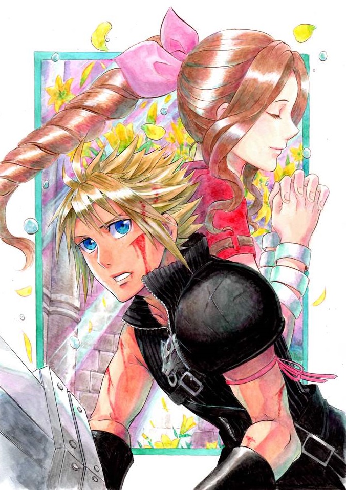 cloud strife and aerith gainsborough (final fantasy and 2 more) drawn by sio2_(nisankakeiso)