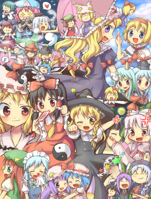 hakurei reimu, kirisame marisa, remilia scarlet, flandre scarlet, izayoi sakuya, and 24 more (touhou) drawn by kuguri_oimo