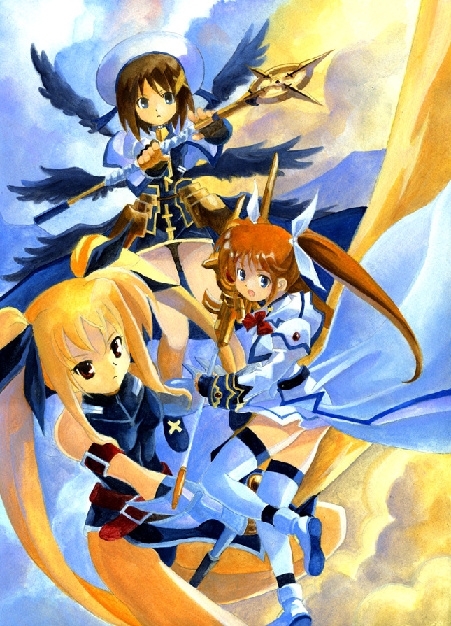 fate testarossa, takamachi nanoha, yagami hayate, raising heart, bardiche, and 1 more (lyrical nanoha and 3 more) drawn by kouno_hikaru