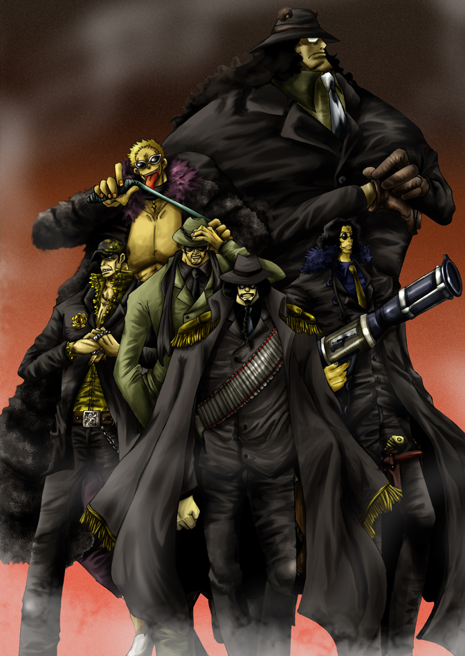 donquixote doflamingo, kizaru, aokiji, sakazuki, bartholomew kuma, and 1 more (one piece) drawn by ponpakka