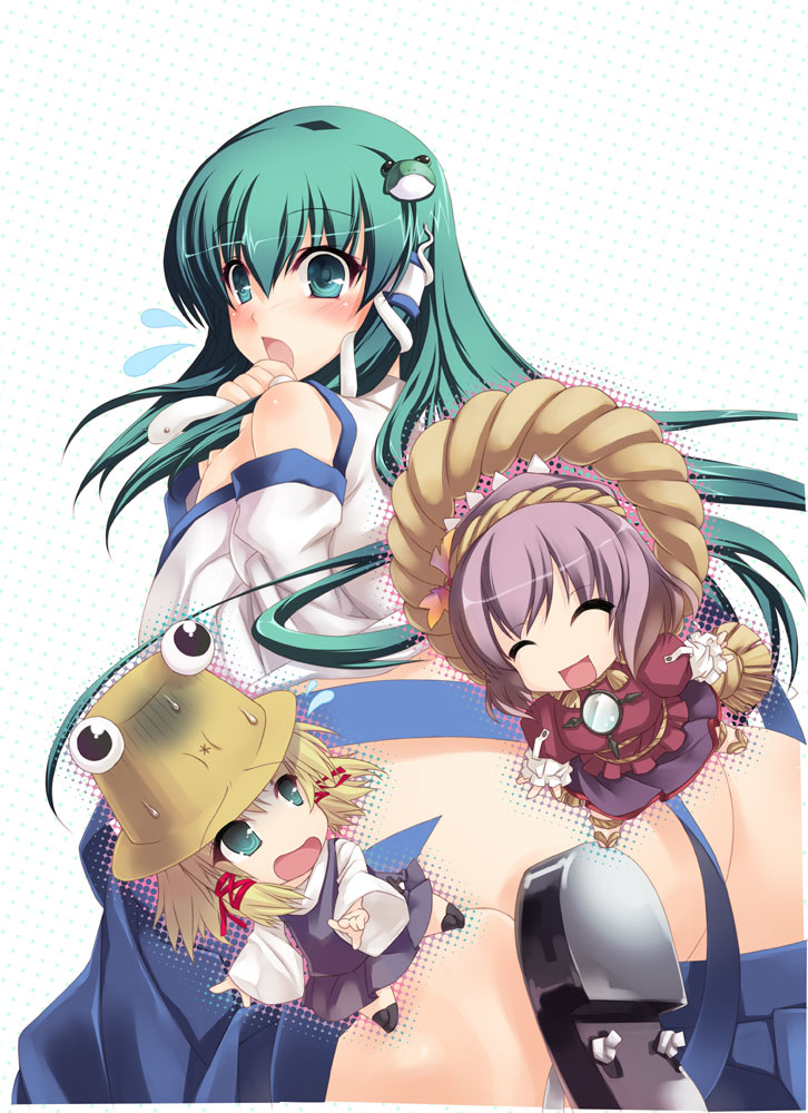 kochiya sanae, moriya suwako, yasaka kanako, and pyonta (touhou) drawn by binzoko_megane_(san-inch)