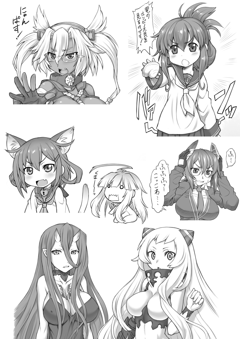 inazuma, tenryuu, ikazuchi, musashi, kuma, and 2 more (kantai collection and 1 more) drawn by neriwasabi