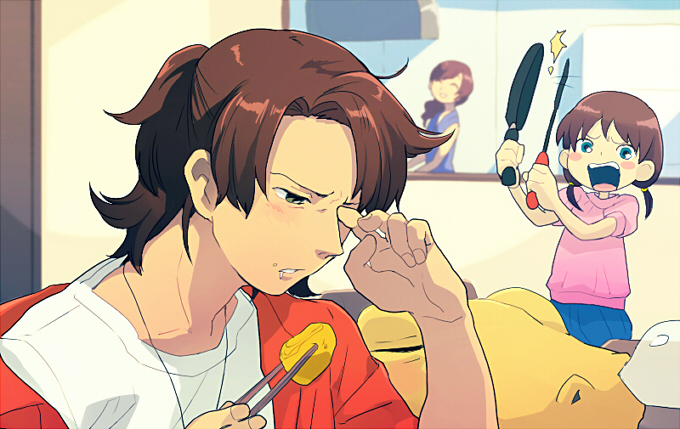agumon, daimon masaru, daimon sayuri, and daimon chika (digimon and 1 more) drawn by t_k_g