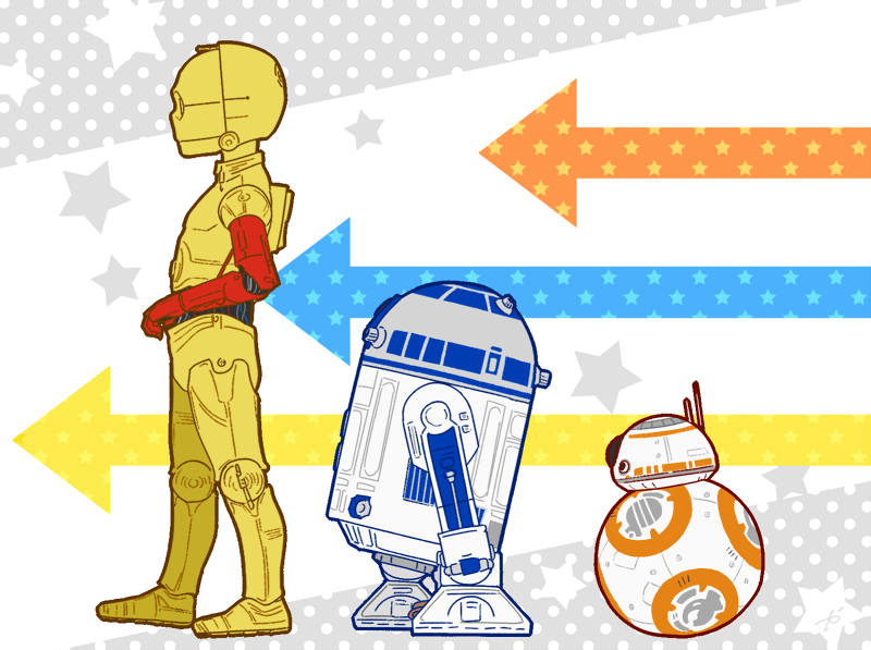 r2-d2, bb-8, and c-3po (star wars) drawn by kaniharu