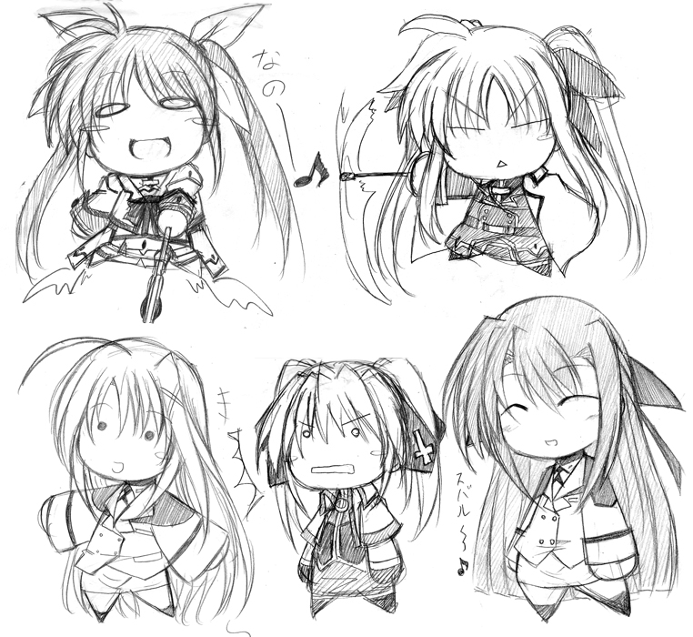 fate testarossa, takamachi nanoha, raising heart, bardiche, reinforce zwei, and 2 more (lyrical nanoha and 1 more) drawn by hagane_soushi