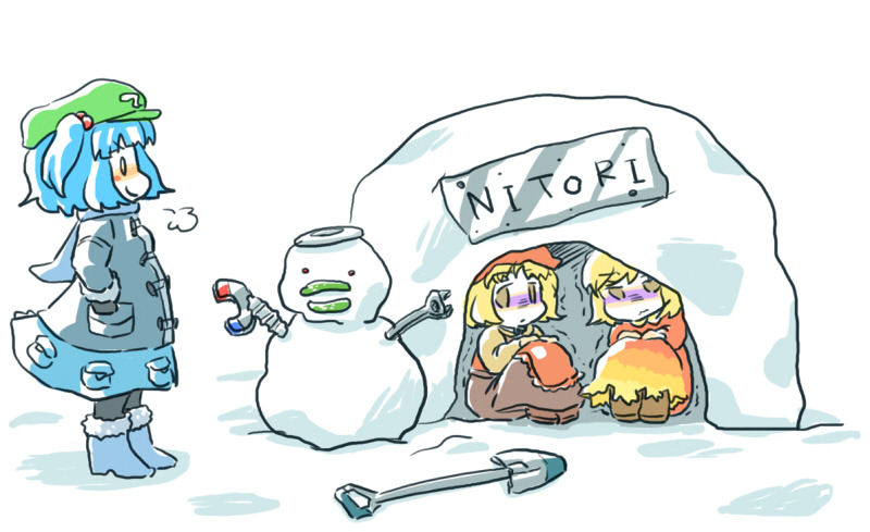 kawashiro nitori, aki minoriko, and aki shizuha (touhou) drawn by higashi_yuki