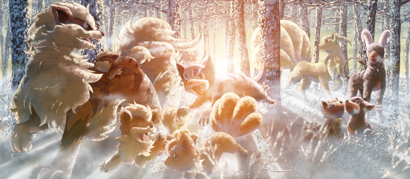 vulpix, arcanine, houndoom, growlithe, ninetales, and 1 more (pokemon) drawn by ibui_matsumoto and yakkun