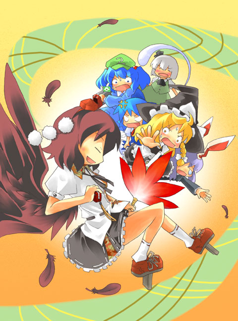kirisame marisa, konpaku youmu, cirno, shameimaru aya, reisen udongein inaba, and 1 more (touhou) drawn by harada_(sansei_rain)