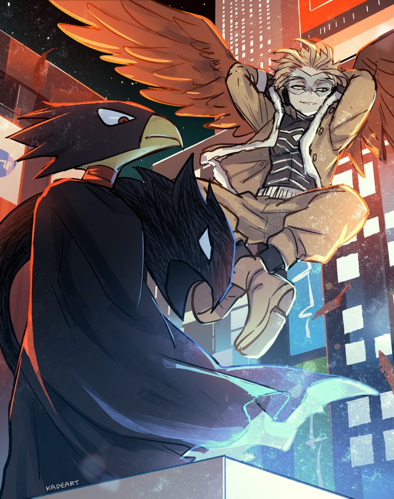 hawks, tokoyami fumikage, and dark shadow (boku no hero academia) drawn by kadeart