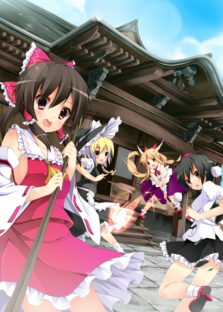 hakurei reimu, kirisame marisa, shameimaru aya, and ibuki suika (touhou) drawn by nironiro