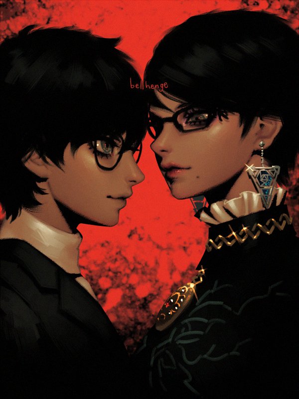 amamiya ren and bayonetta (persona and 4 more) drawn by bellhenge