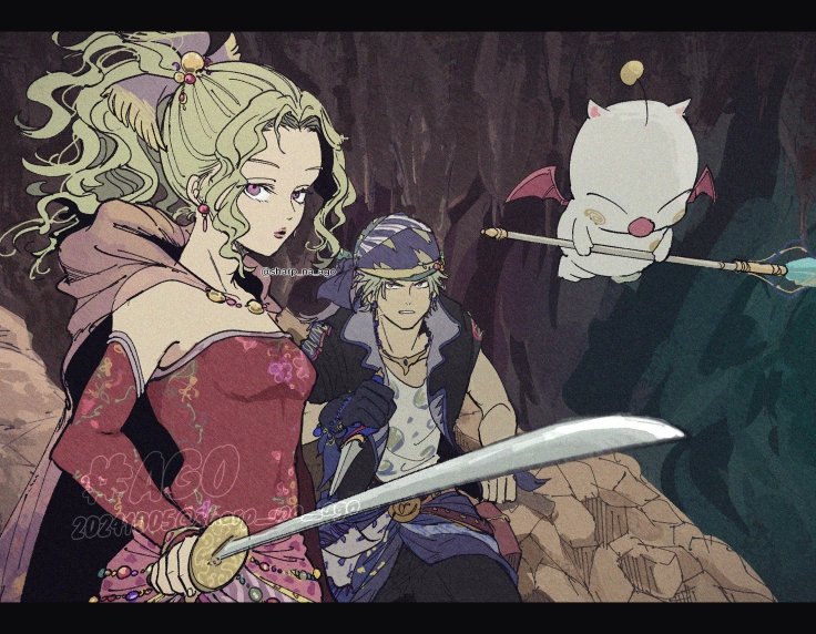 terra branford, moogle, and locke cole (final fantasy and 1 more) drawn by sharp_na_ago