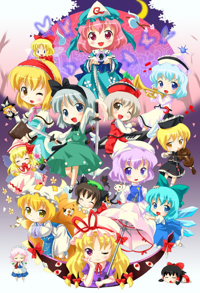 hakurei reimu, kirisame marisa, izayoi sakuya, konpaku youmu, alice margatroid, and 11 more (touhou and 1 more) drawn by michii_yuuki
