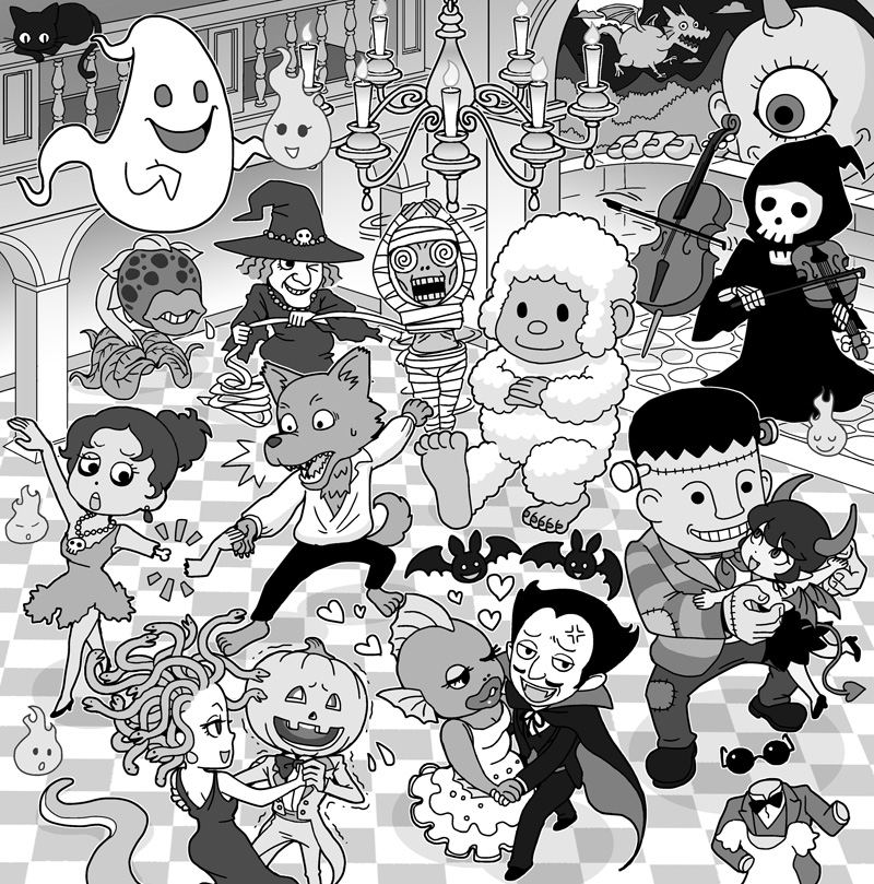 frankenstein's monster, death, grim reaper, and sasquatch drawn by shake-o