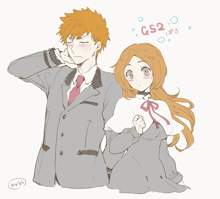 inoue orihime and kurosaki ichigo (bleach) drawn by hara_hikaru