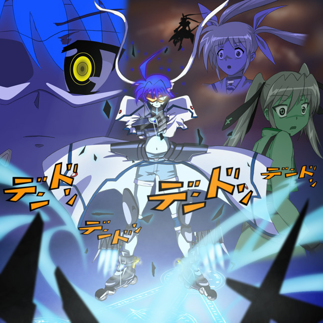 takamachi nanoha, subaru nakajima, teana lanster, revolver knuckle, and mach caliber (lyrical nanoha and 3 more) drawn by ideaseed