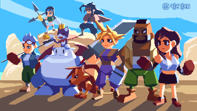 tifa lockhart, cloud strife, yuffie kisaragi, moogle, vincent valentine, and 4 more (final fantasy and 1 more) drawn by pip_(artofpip)
