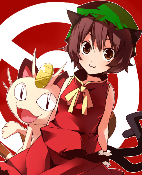 chen and meowth (touhou and 1 more) drawn by blue_vert