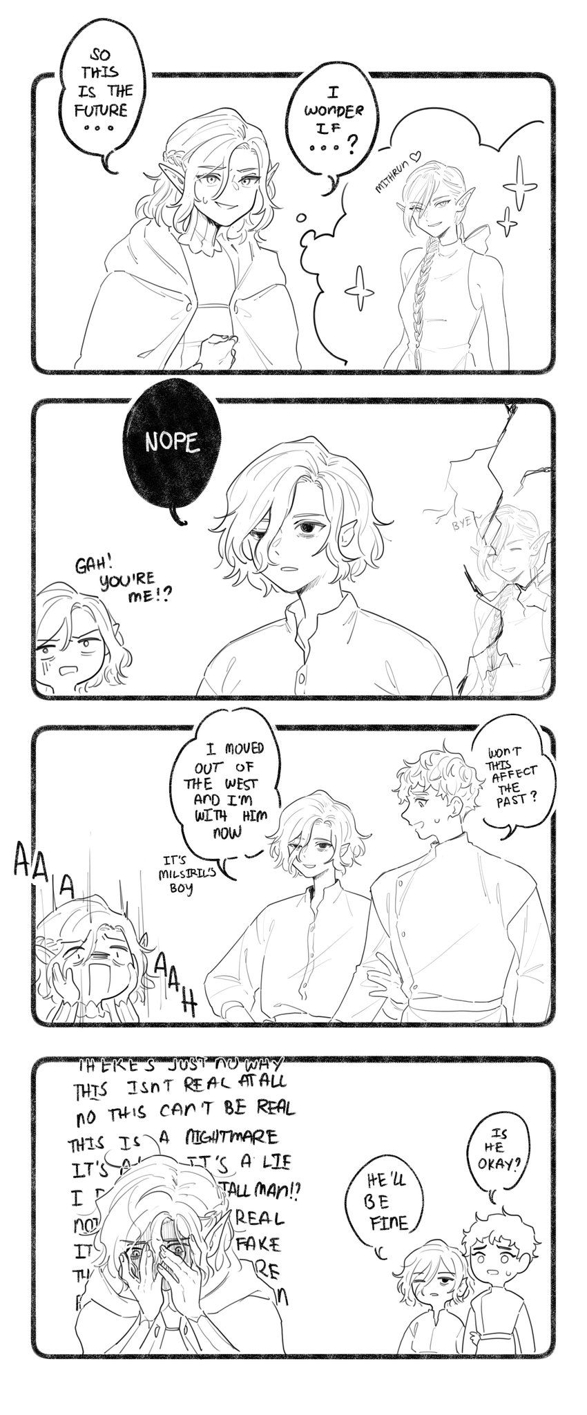mithrun, kabru, and braided ponytail elf (dungeon meshi) drawn by lumpia_at_kanin