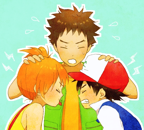 ash ketchum, misty, and brock (pokemon) drawn by popela